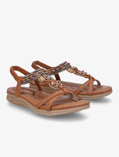 Nu-pieds brodés à strass - Camel - 4