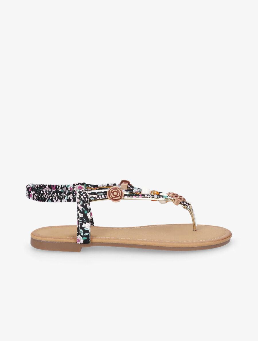 Nu-pieds imprimés à empiècements bois et perles - Noir - 5