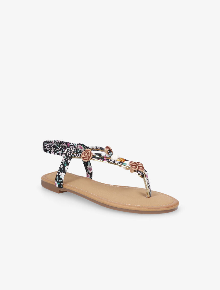 Nu-pieds imprimés à empiècements bois et perles - Noir - 2