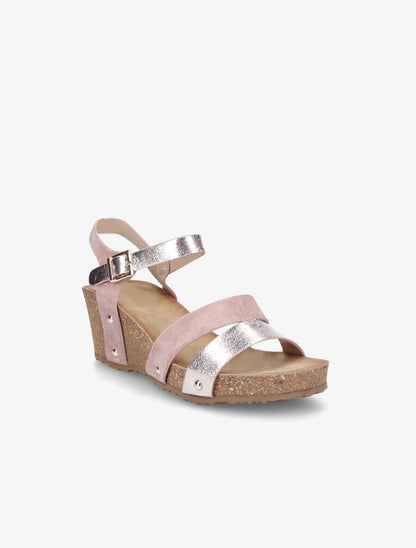 Sandales compensées effet liège et ganses bi-matière - Rose - 2