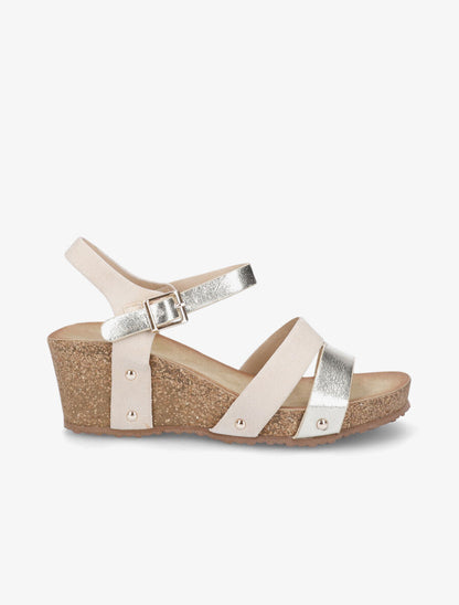 Sandales compensées effet liège et ganses bi-matière - Beige - 1