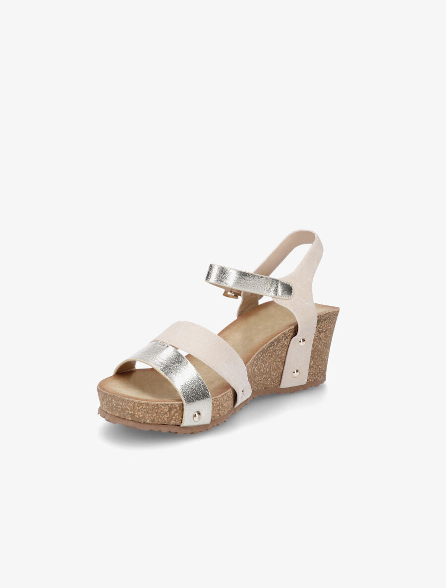 Sandales compensées effet liège et ganses bi-matière - Beige - 3
