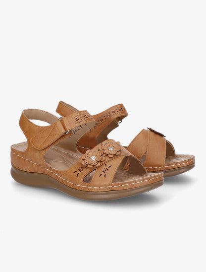 Sandales compensées à scratch et strass - Camel - 4