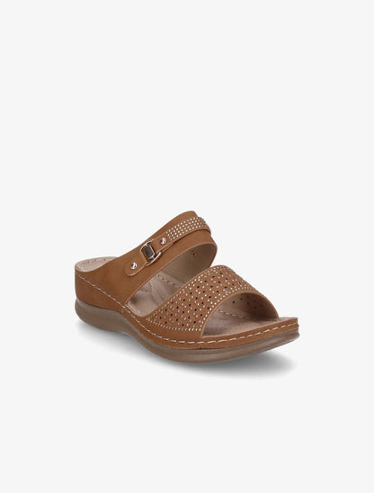 Claquettes compensées ajourées et strass - Camel - 2
