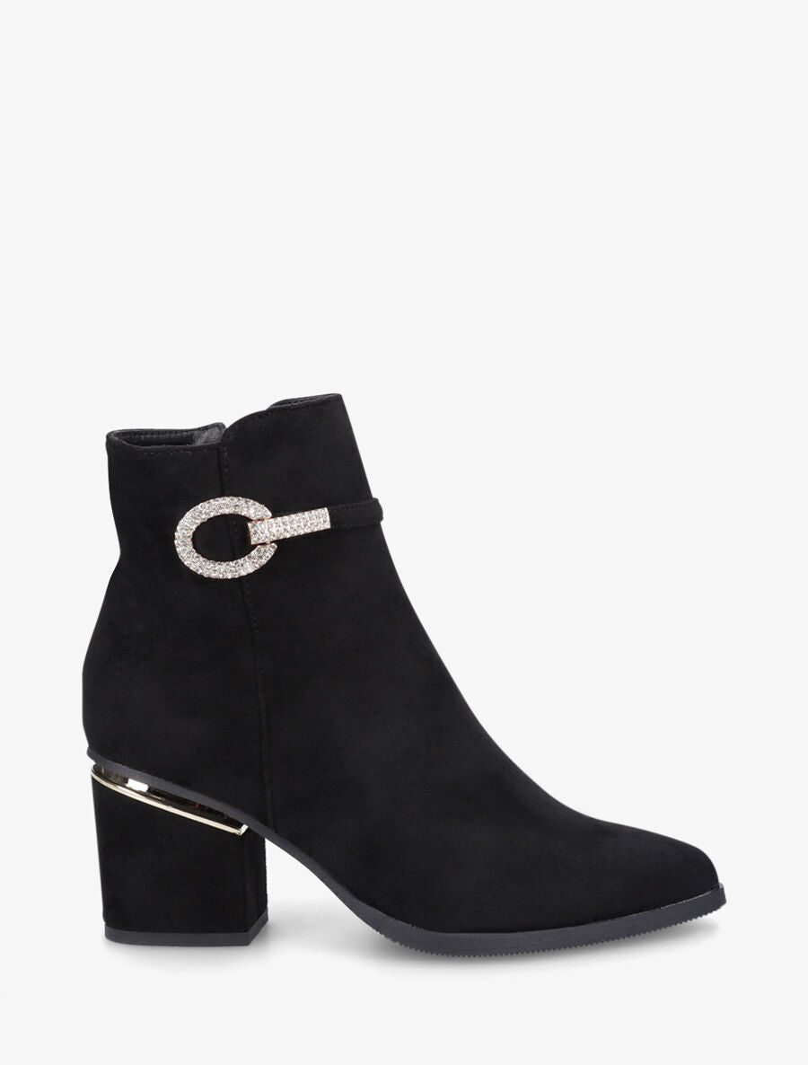 Bottines à talon stylisé et bijoux strassés - Noir - 1