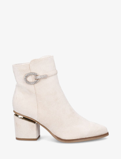 Bottines à talon stylisé et bijoux strassés - Crème - 1