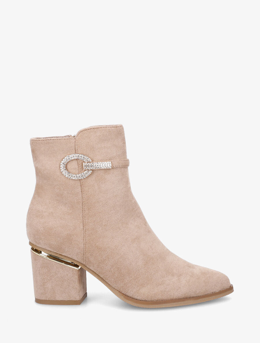 Bottines à talon stylisé et bijoux strassés - Taupe - 1