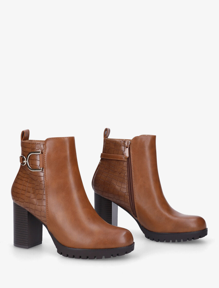 Bottines à talon effet croco - Camel - 4