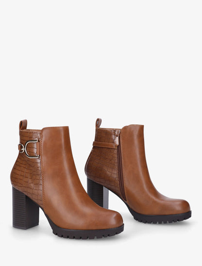 Bottines à talon effet croco - Camel - 4