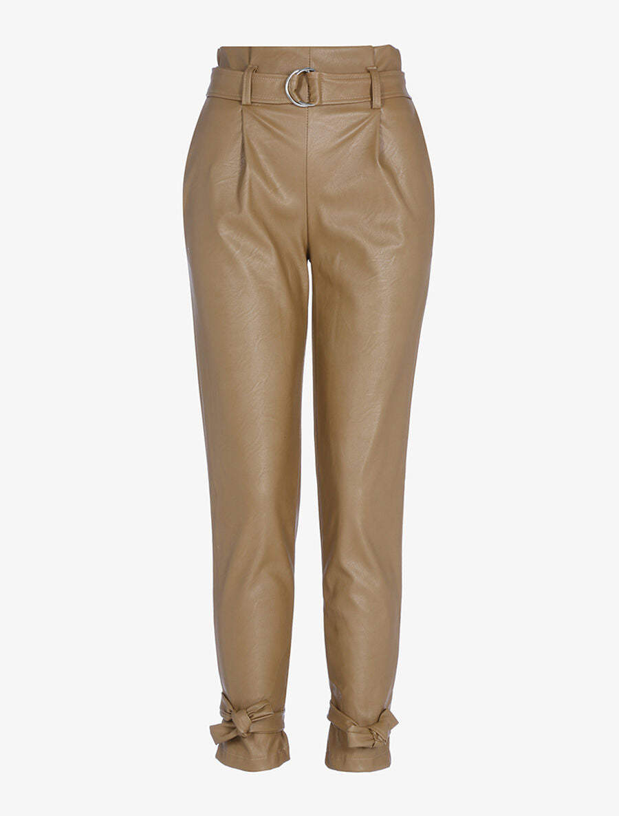 Pantalon simili à chevilles nouer - Marron clair - 1