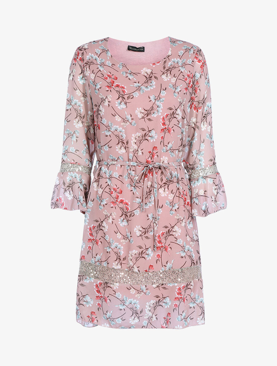 Robe à imprimé champêtre et sequins - Rose - 1