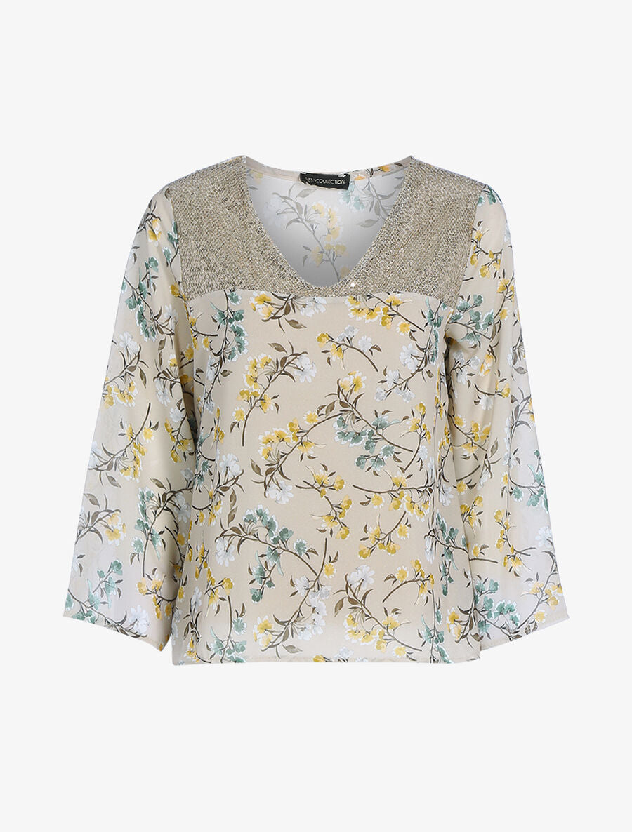 Top à imprimé champêtre et sequins - Beige - 1