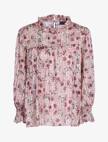 Blouse fleurie à encolure volantée - Rose - 1