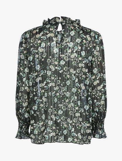 Blouse fleurie à encolure volantée - Noir - 2