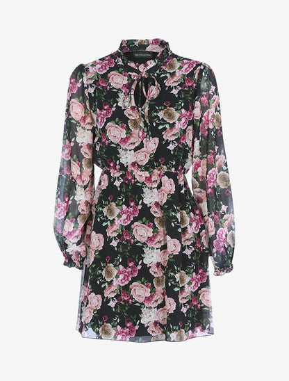 Robe imprimé à col montant volanté - Noir - 1
