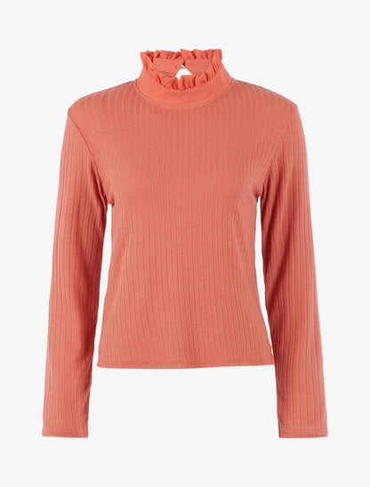 Top côtelé à col effet crêpe - Orange - 1