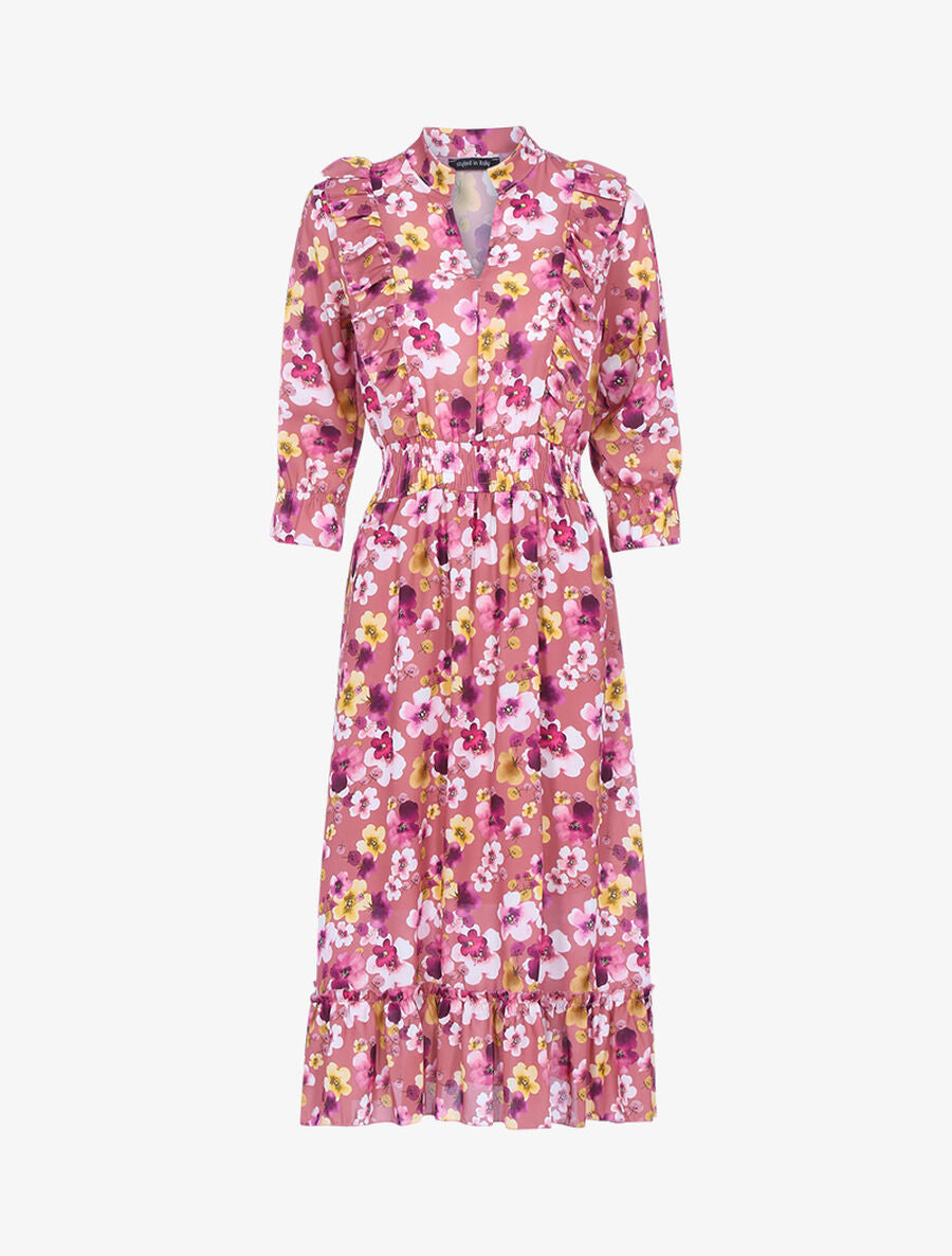 Robe fleurie à bandes volantées - Rose foncé - 1