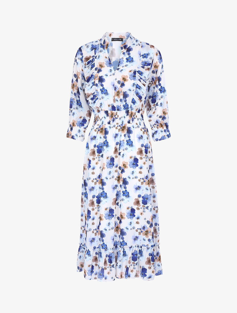 Robe fleurie à bandes volantées - Ecru - 1