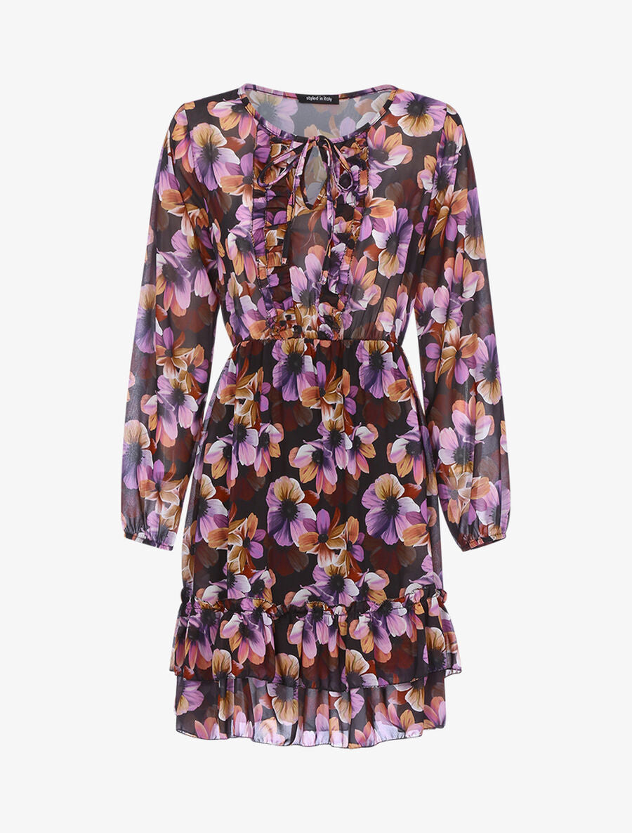 Robe fleurie à volants - Noir/violet - 1
