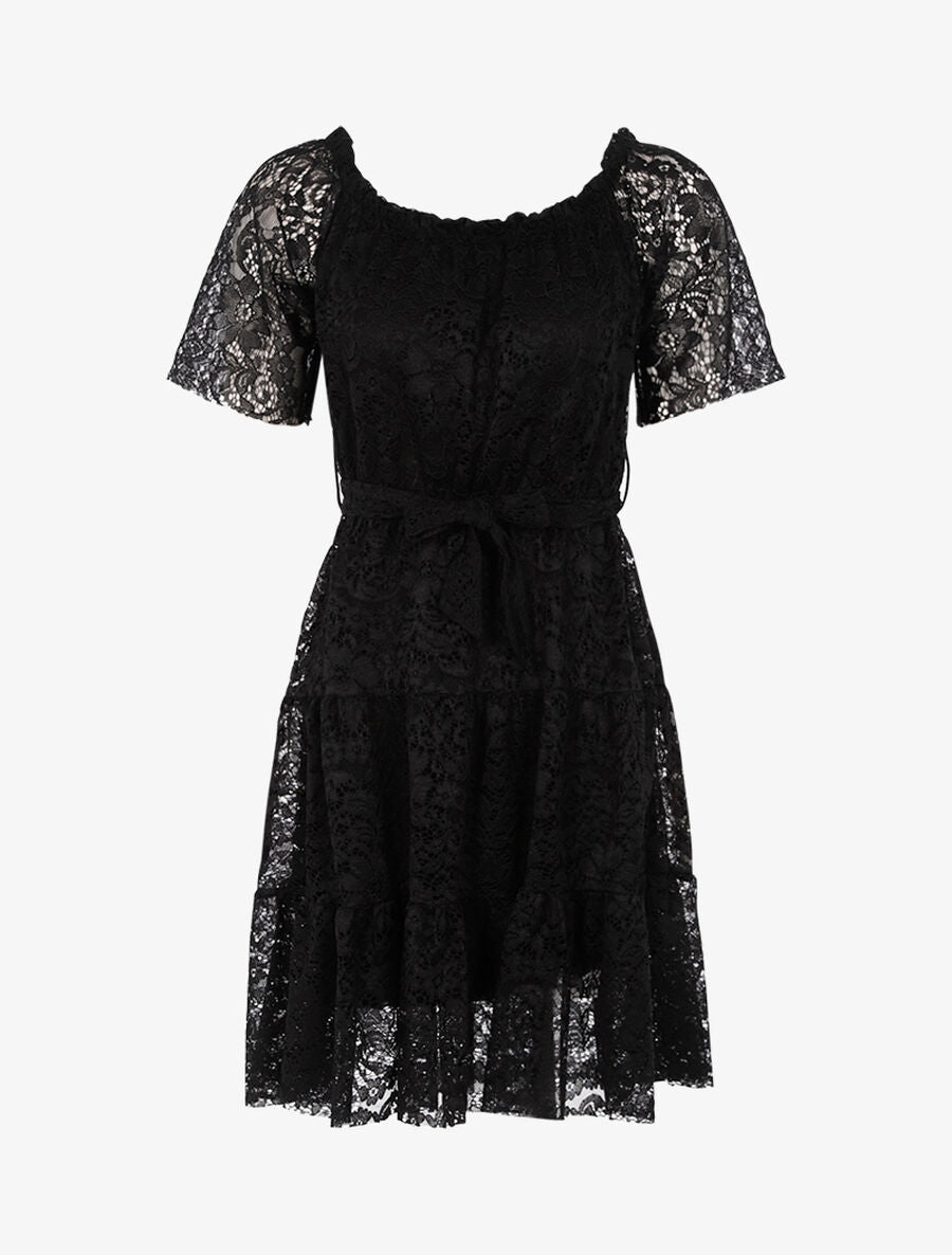 Robe en dentelle fleurie doublée - Noir - 1