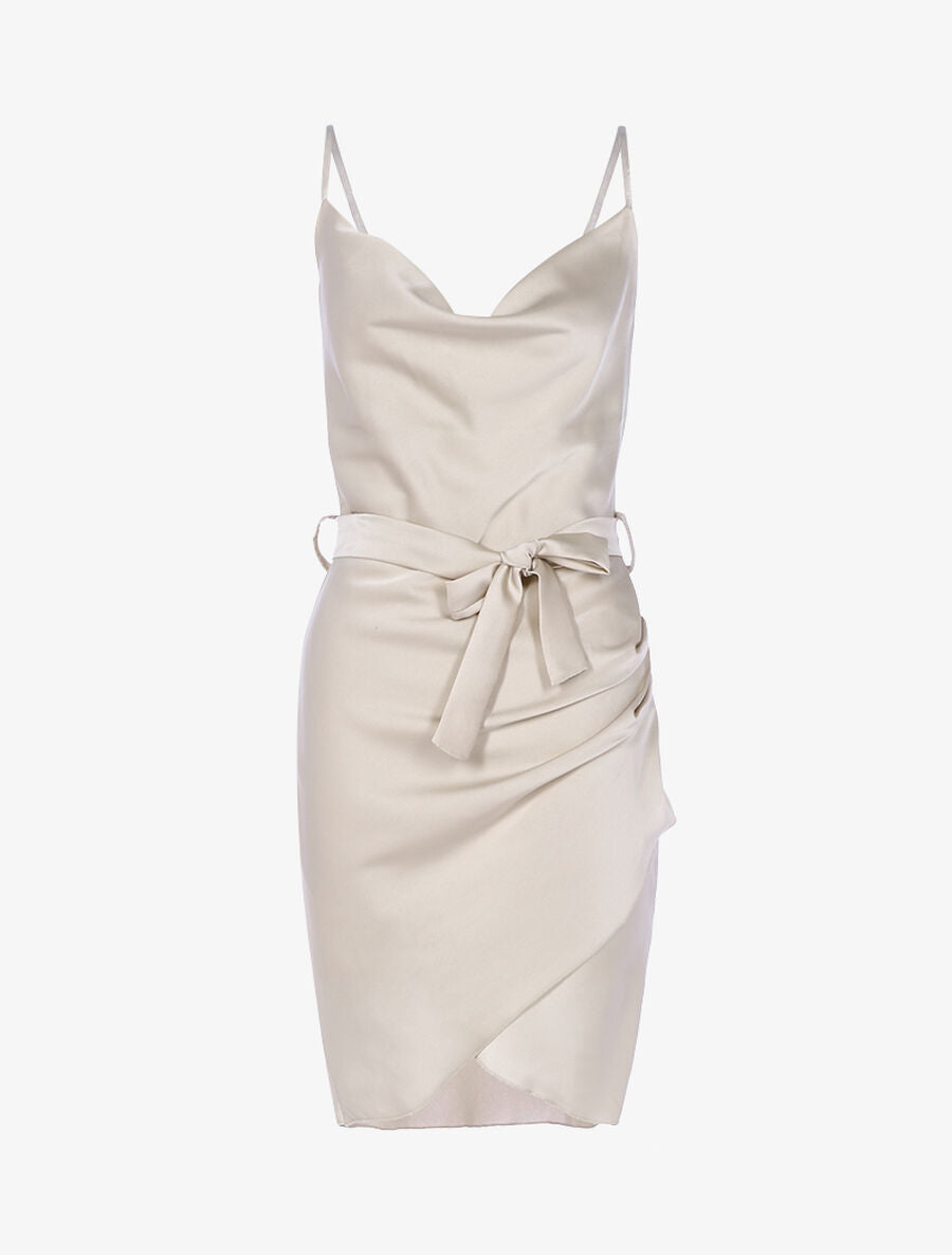Robe satinée coupe portefeuille - Beige - 1