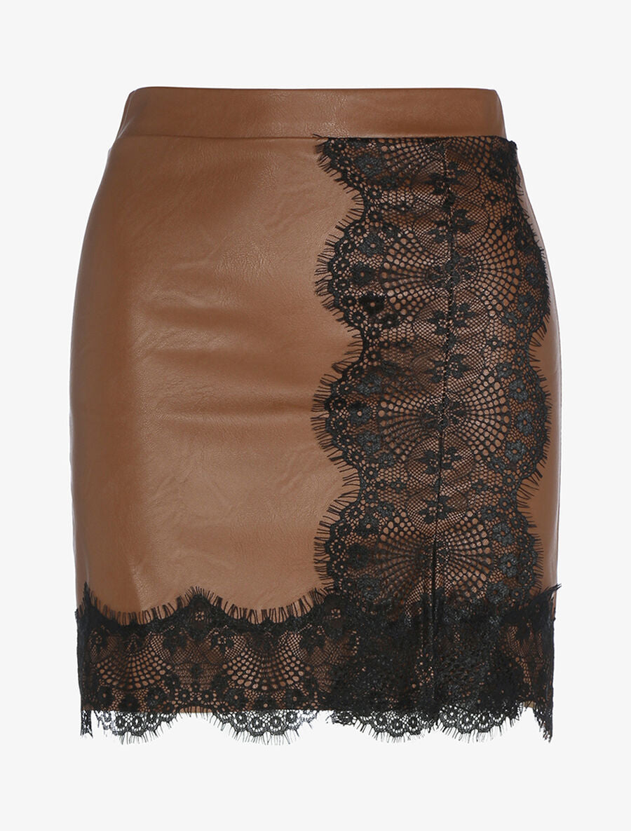 Jupe en simili et dentelle - Marron - 1