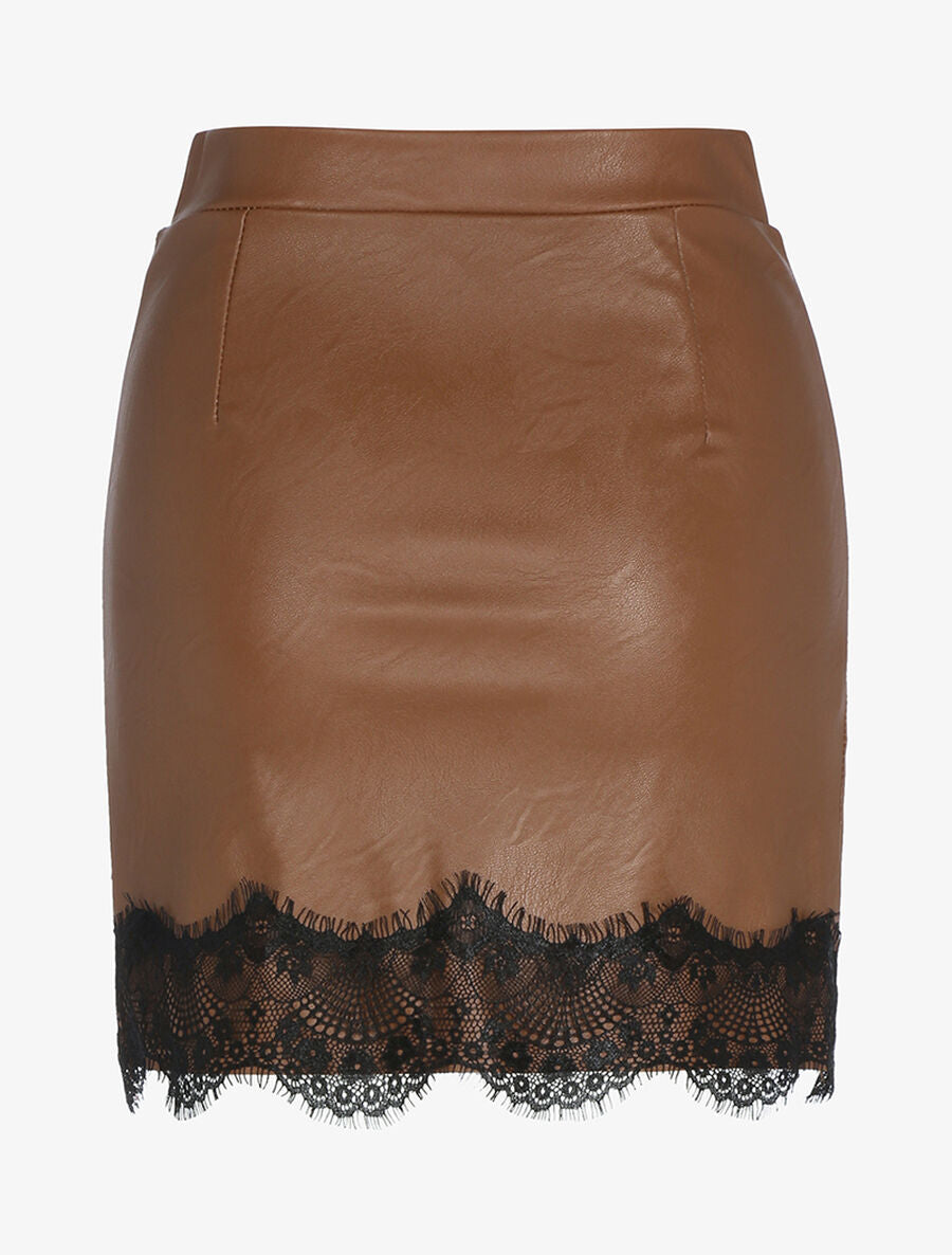 Jupe en simili et dentelle - Marron - 2