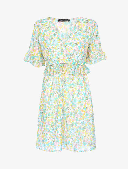 Robe fleurie à taille volantée - Écru - 1
