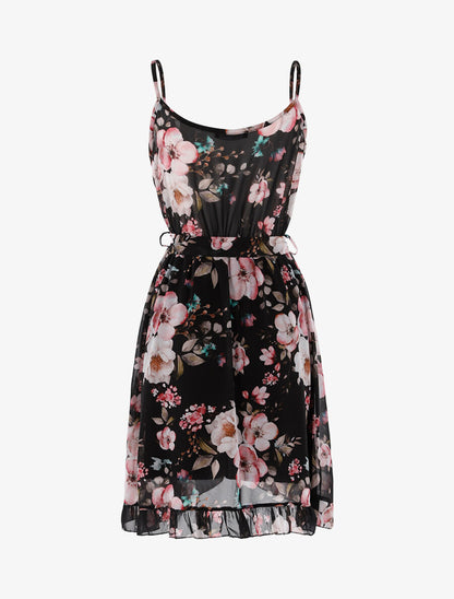 Robe portefeuille fleurie à jabot - Noir/rose - 1