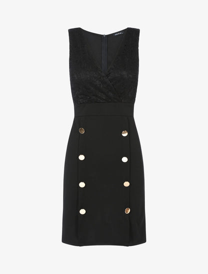 Robe fourreau buste dentelle et bas boutonné - Noir - 1