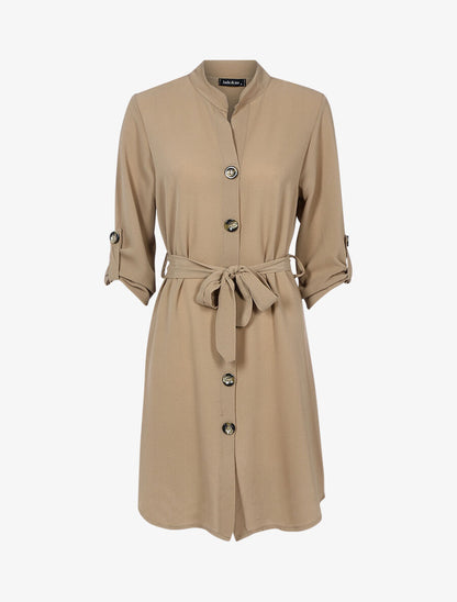 Robe chemise à col tunisien - Camel - 1