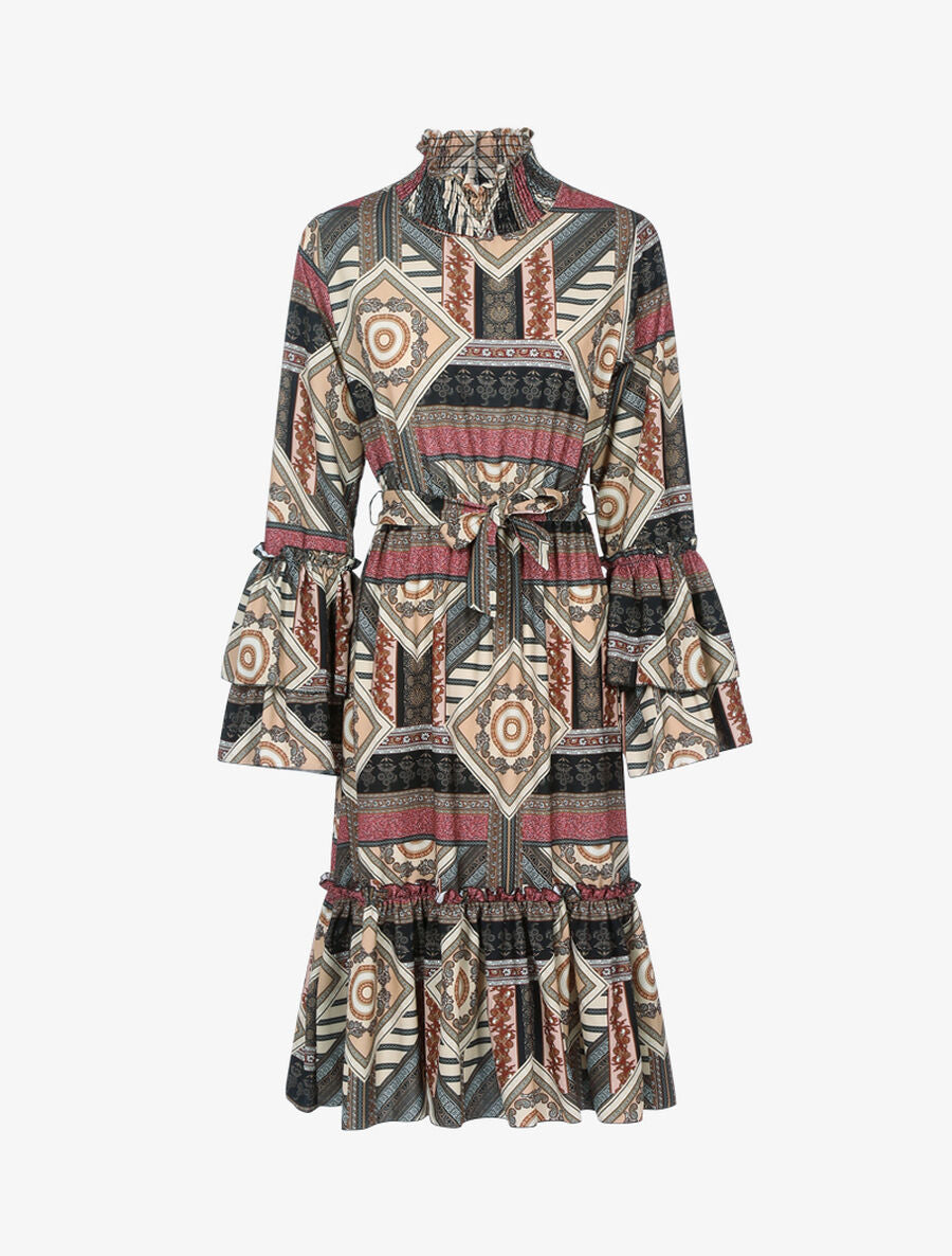 Robe volantée à col montant - Beige - 1