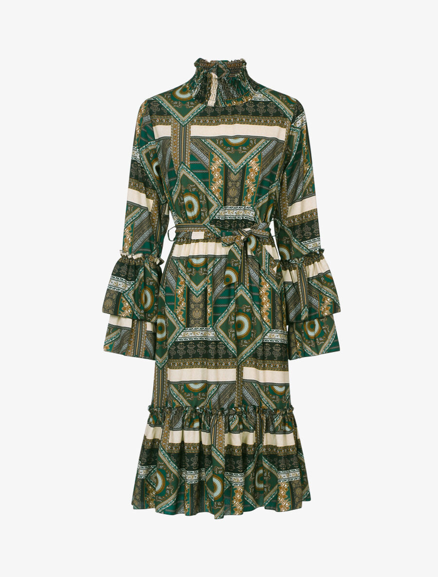 Robe volantée à col montant - Vert foncé - 1
