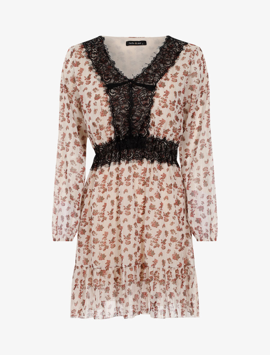 Robe à fleurs et décolleté dentelle - Beige - 1
