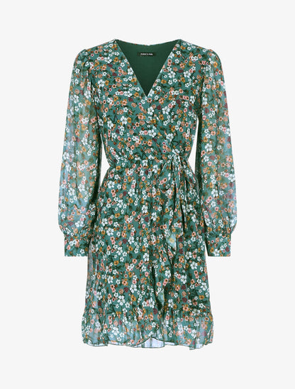 Robe volantée à manches ajourées - Vert - 1