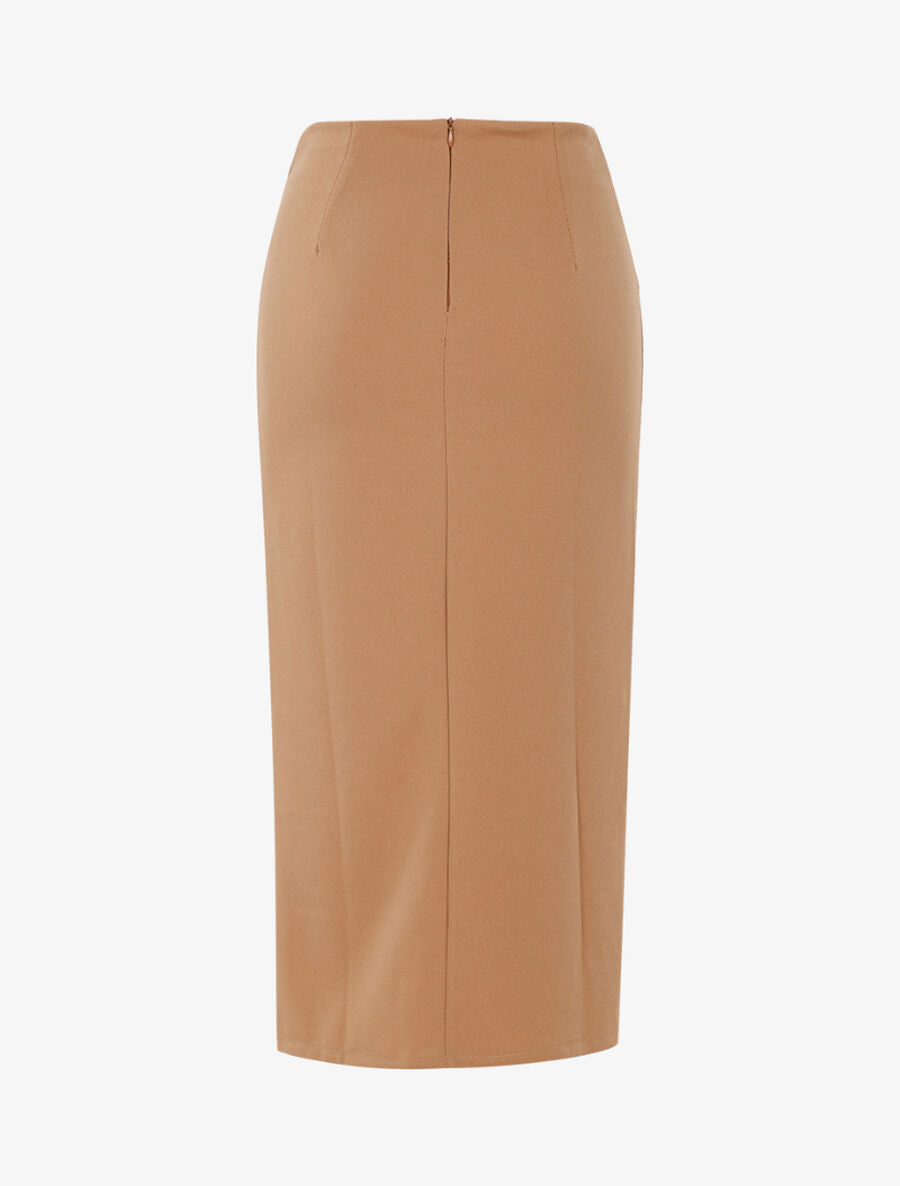 Jupe fourreau plissée et fendue - Beige foncé - 2