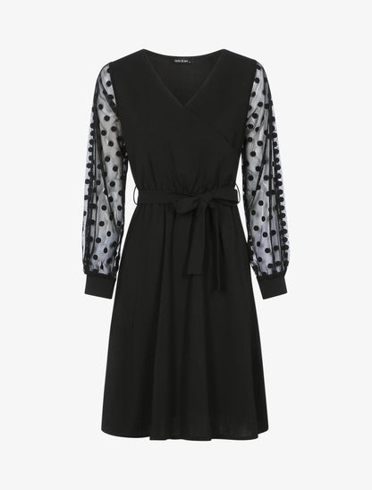 Robe fluide à manches transparentes à pois - Noir - 1