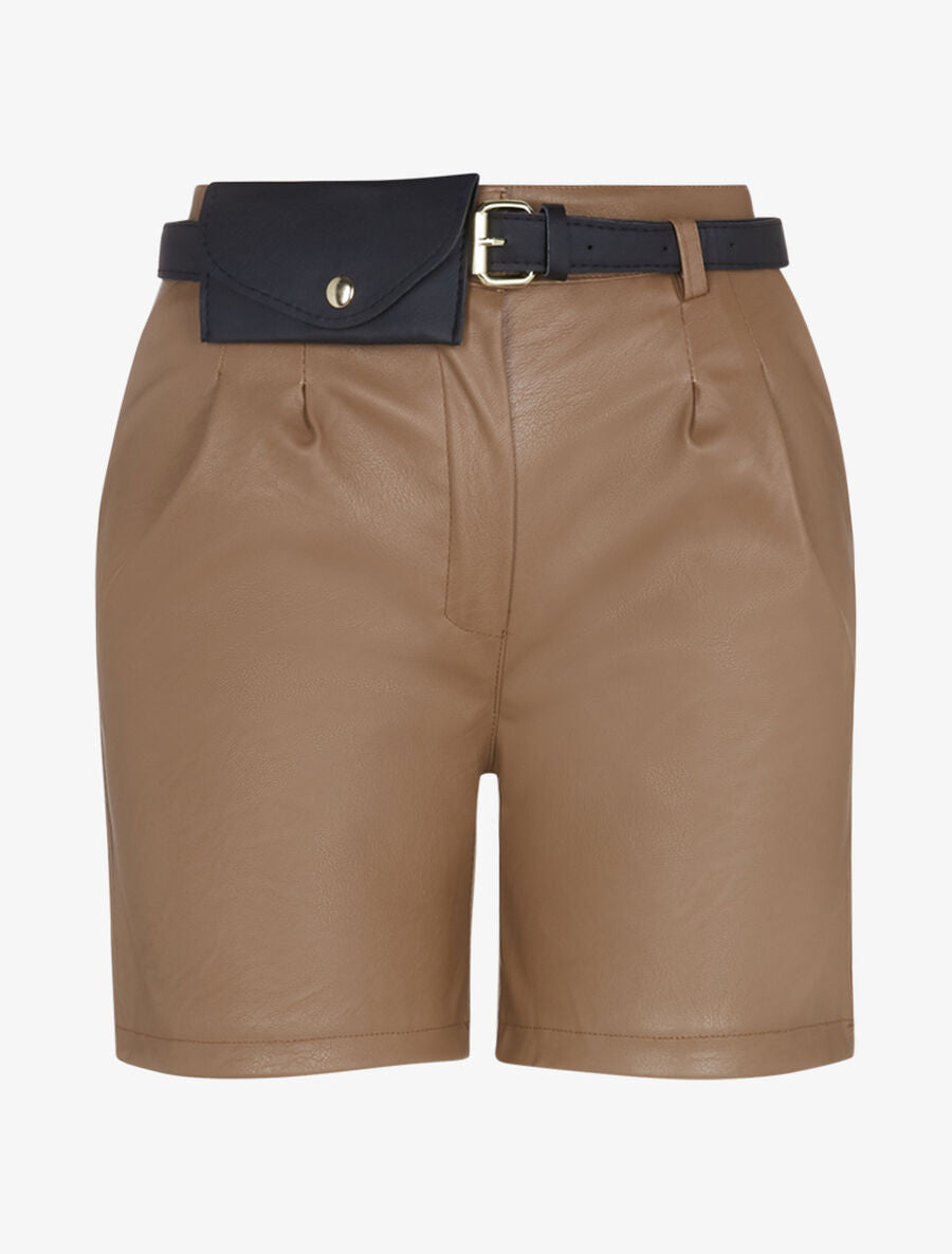 Short en simili à taille haute - Camel - 1