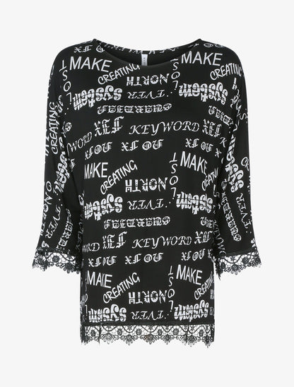 Top oversize à bords dentelle et imprimé texte - Noir - 1