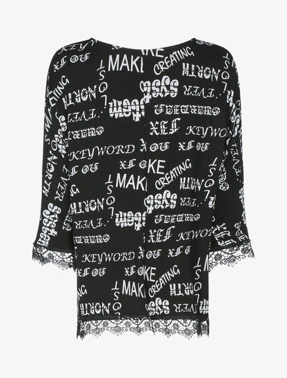 Top oversize à bords dentelle et imprimé texte - Noir - 2