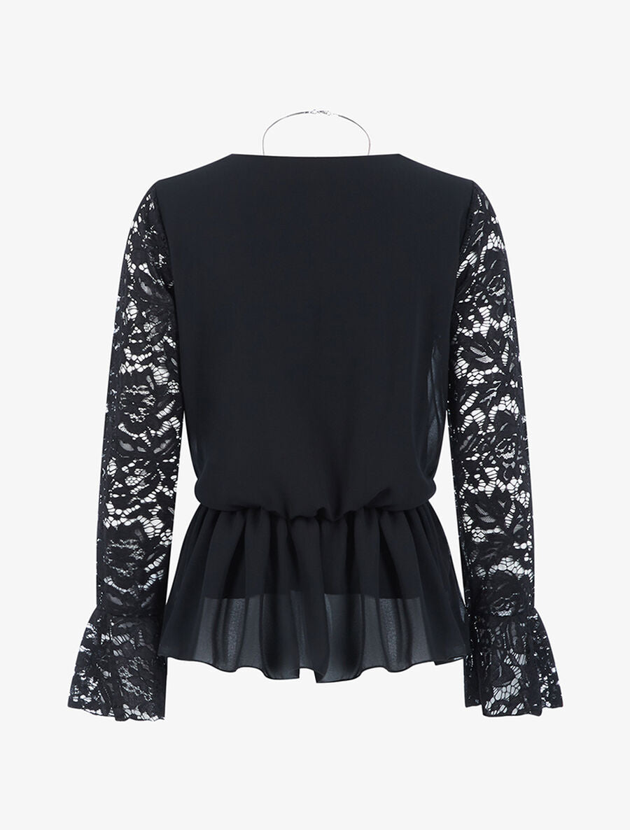 Blouse cintrée à manches dentelle - Noir - 2