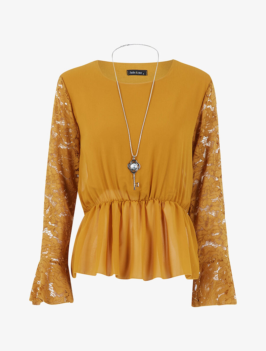 Blouse cintrée à manches dentelle - Moutarde - 1