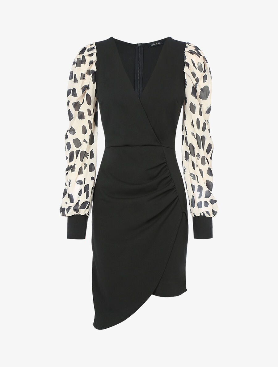 Robe fourreau à manches imprimées - Beige/noir - 1