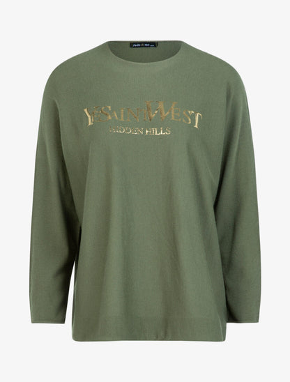 Pull en maille douce floquée - Vert olive - 1