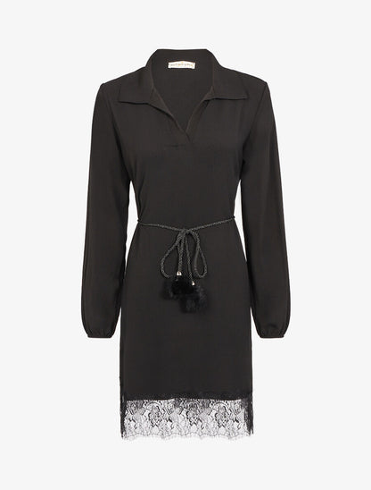 Robe effet crêpe à bord dentelle - Noir - 1