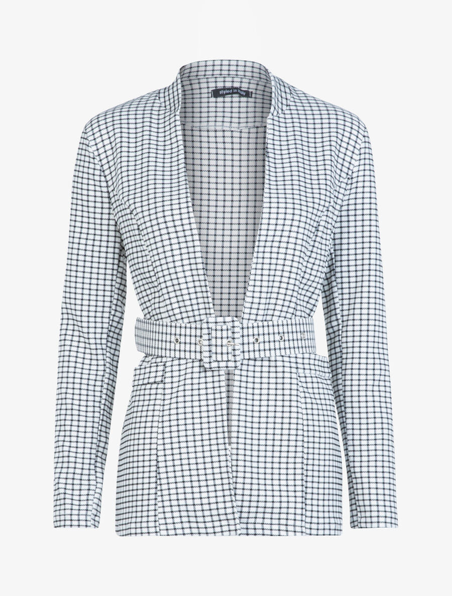 Blazer ceinturé à petits carreaux - Noir - 1