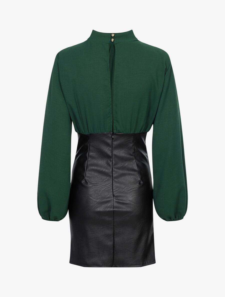 Robe en voile et bas plissé en simili - Vert/noir - 2