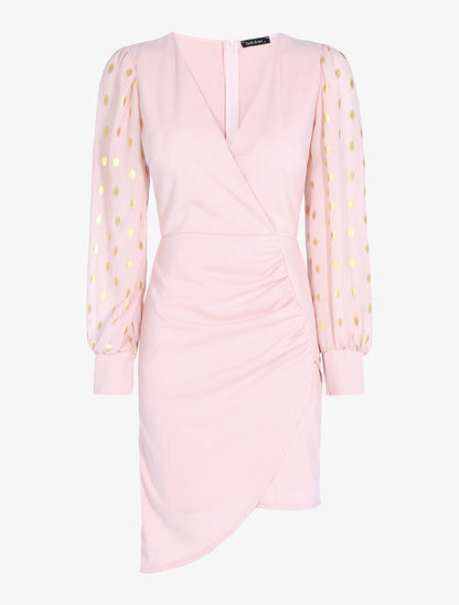 Robe plissée à manches floquées - Rose poudré - 1