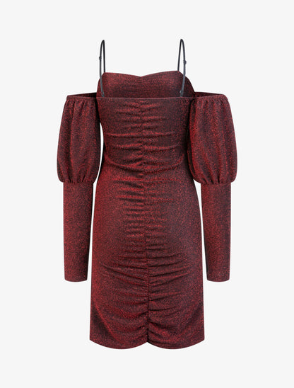 Robe pailletée à épaules nues - Rouge - 2