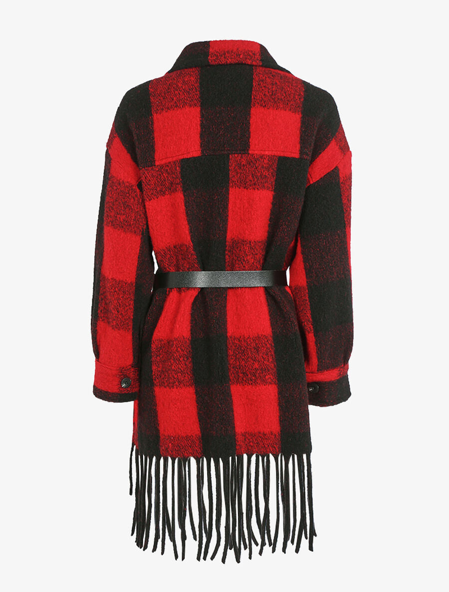 Manteau à imprimé tartan et franges - Rouge - 2